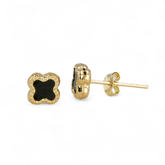 14K Yellow gold onyx clover studs earrings-4299393
