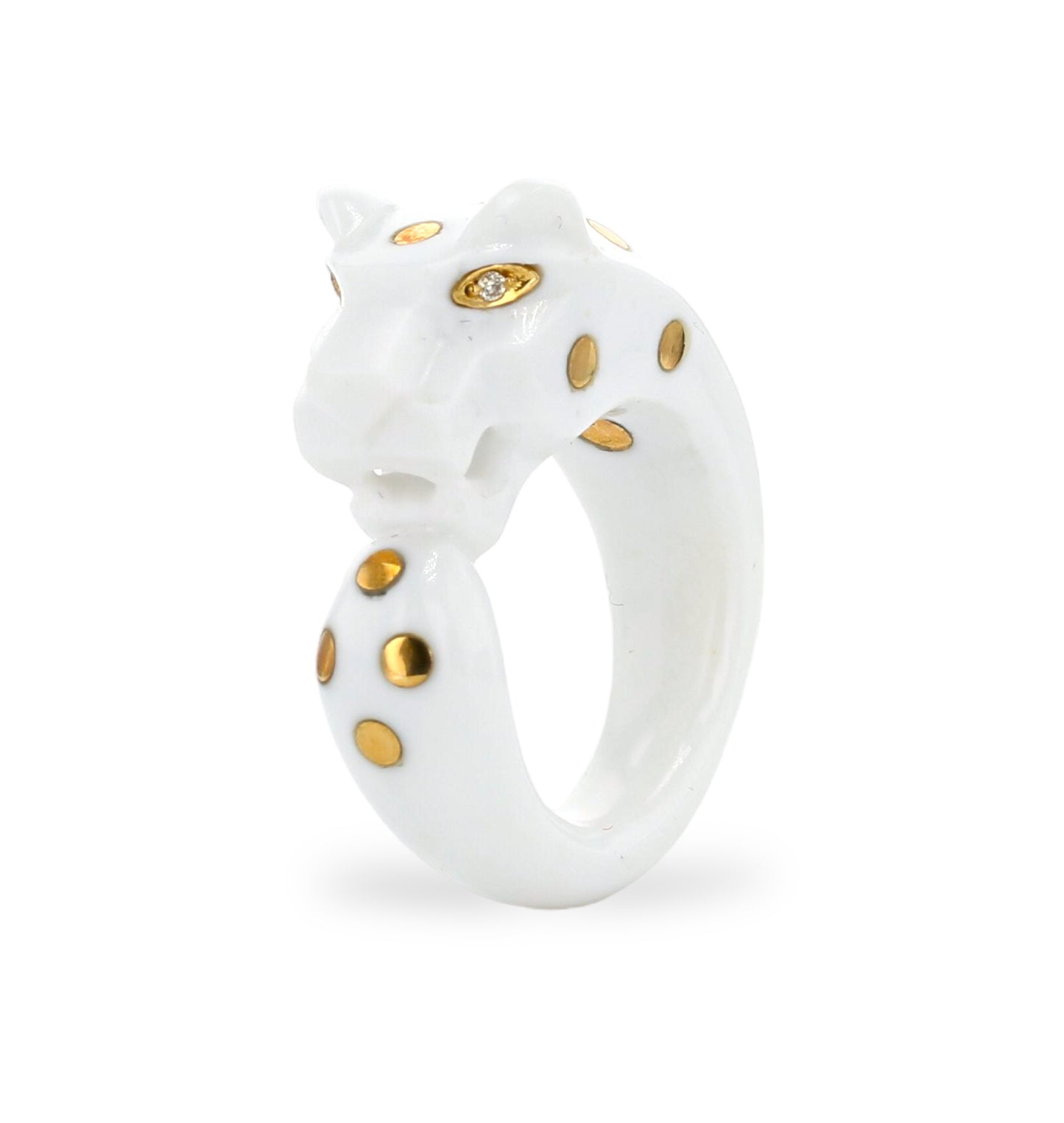 White agate and panther 18k diamond ring