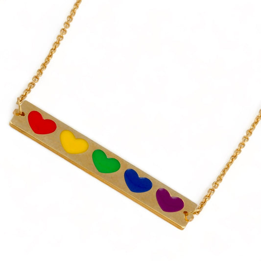 14K Yellow gold rainbow hearts bar pendant chain-11865