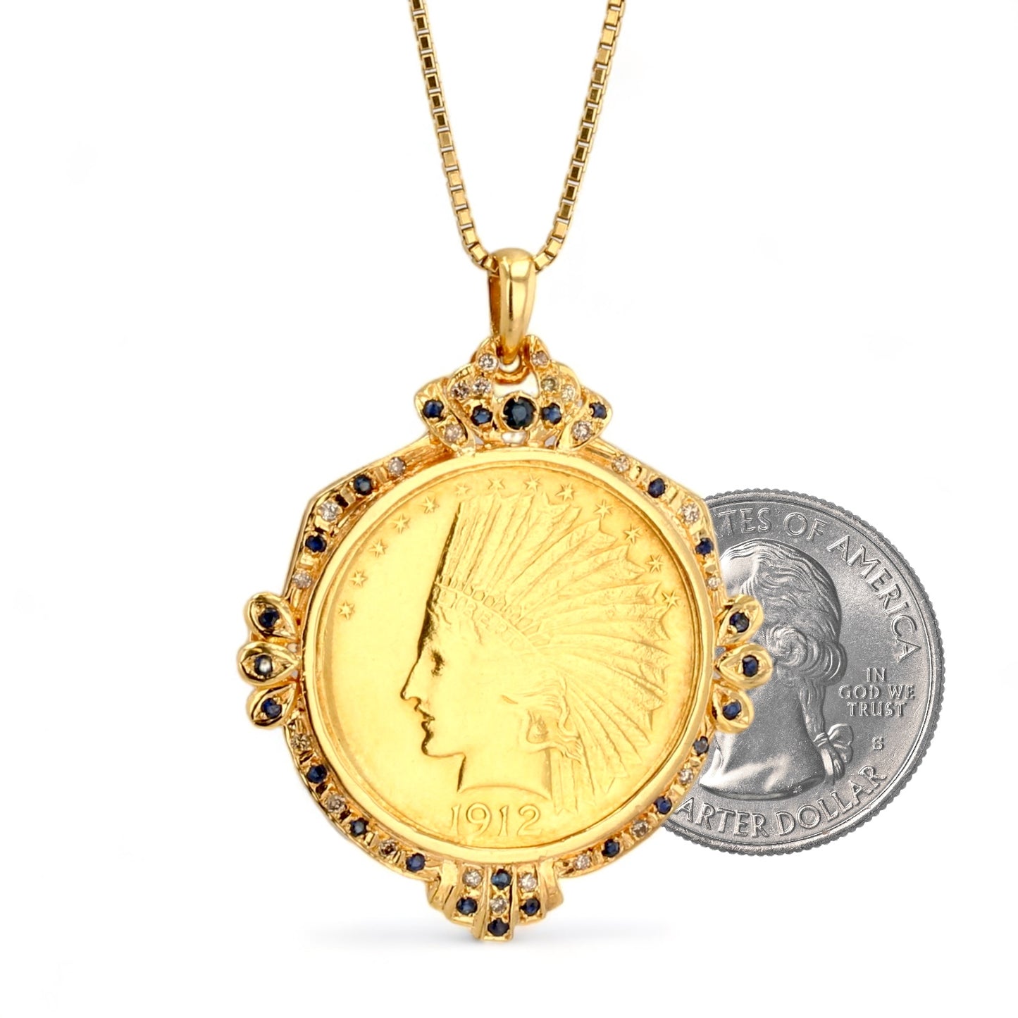 18K yellow gold bezel coin original 22k blue sapphire and diamond box solid chain 18k-18405