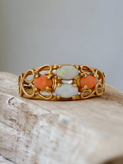 14k yellow gold opal mix coral heart design lady ring