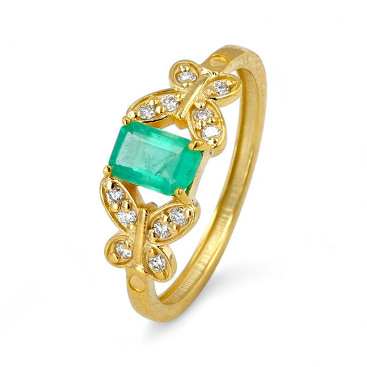 14K Yellow gold butterfly emerald diamond ring-35265