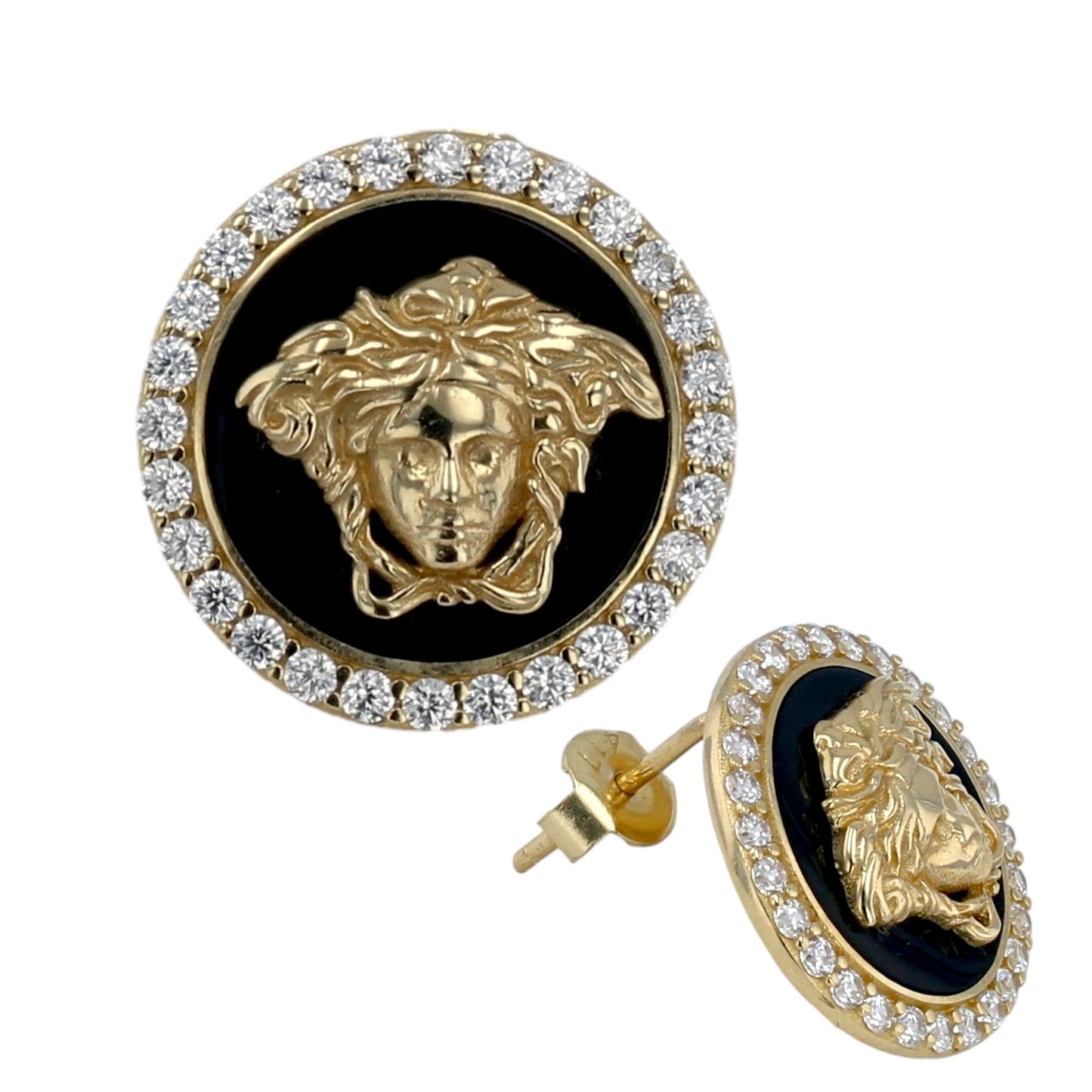 14K Yellow gold onyx Medusa studs earrings-45627