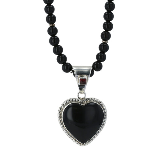 Sterling silver 925 natural onyx fancy heart garnet accent necklace handmade-M6740