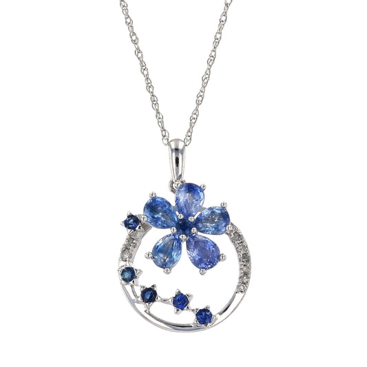 14k White gold clovers bule sapphire and diamonds necklace-17774