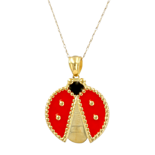 14K Yellow gold enamel hand painted ladybug necklace-4204829