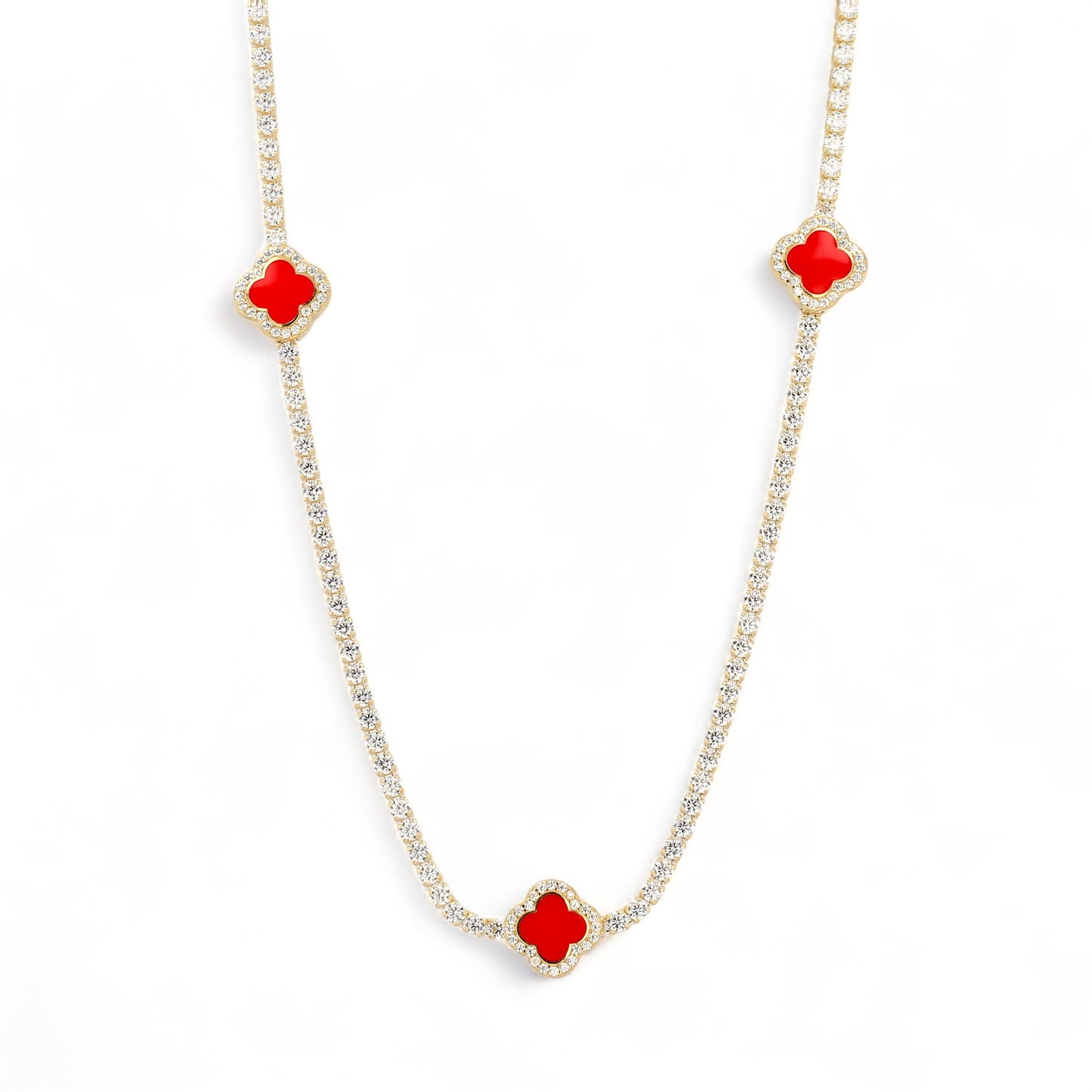 14k yellow gold tennis red clover necklace-227148