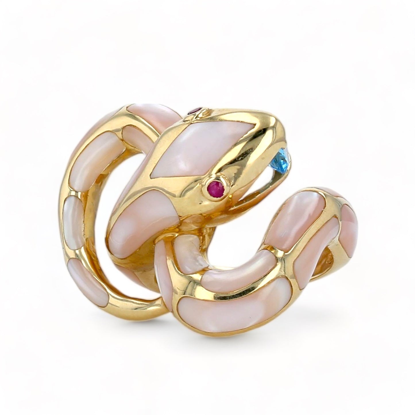 14K Yellow gold two tone mother pearl blue aquamarine and ruby decoration fancy cobra ring