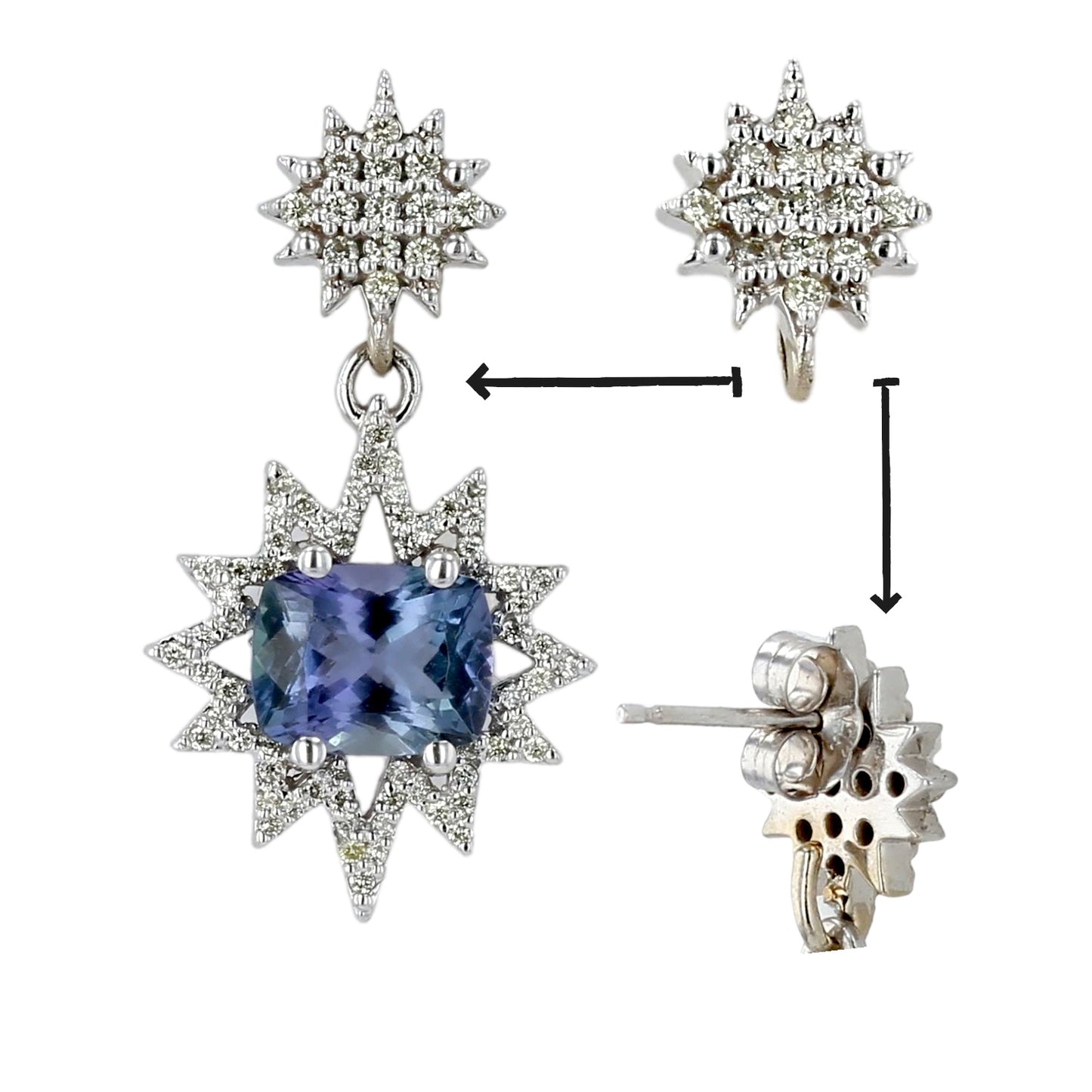14k White Gold start natural tanzanite with diamonds snap dangling earrings