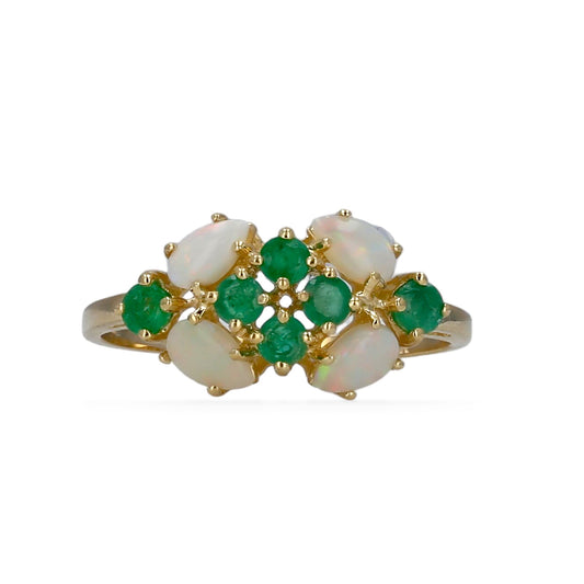 14k Yellow gold clover natural  emerald and opal ring