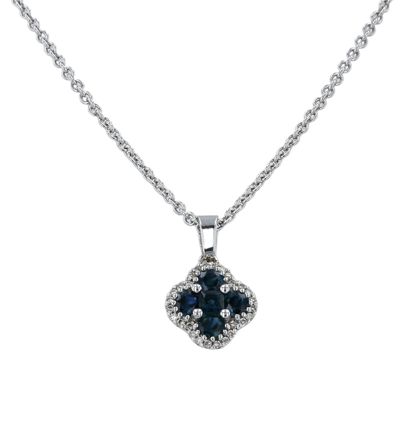 White 18k necklace pendant clover and earrings 14k blue sapphire set