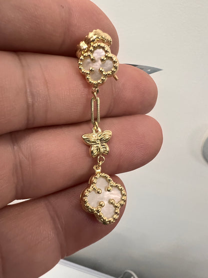 14K Yellow gold dangling clover mother pearl earrings-227157