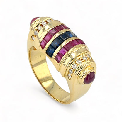 18K solid Yellow gold red Ruby and blue sapphire and diamonds side cabochon ruby luxury ring-8645