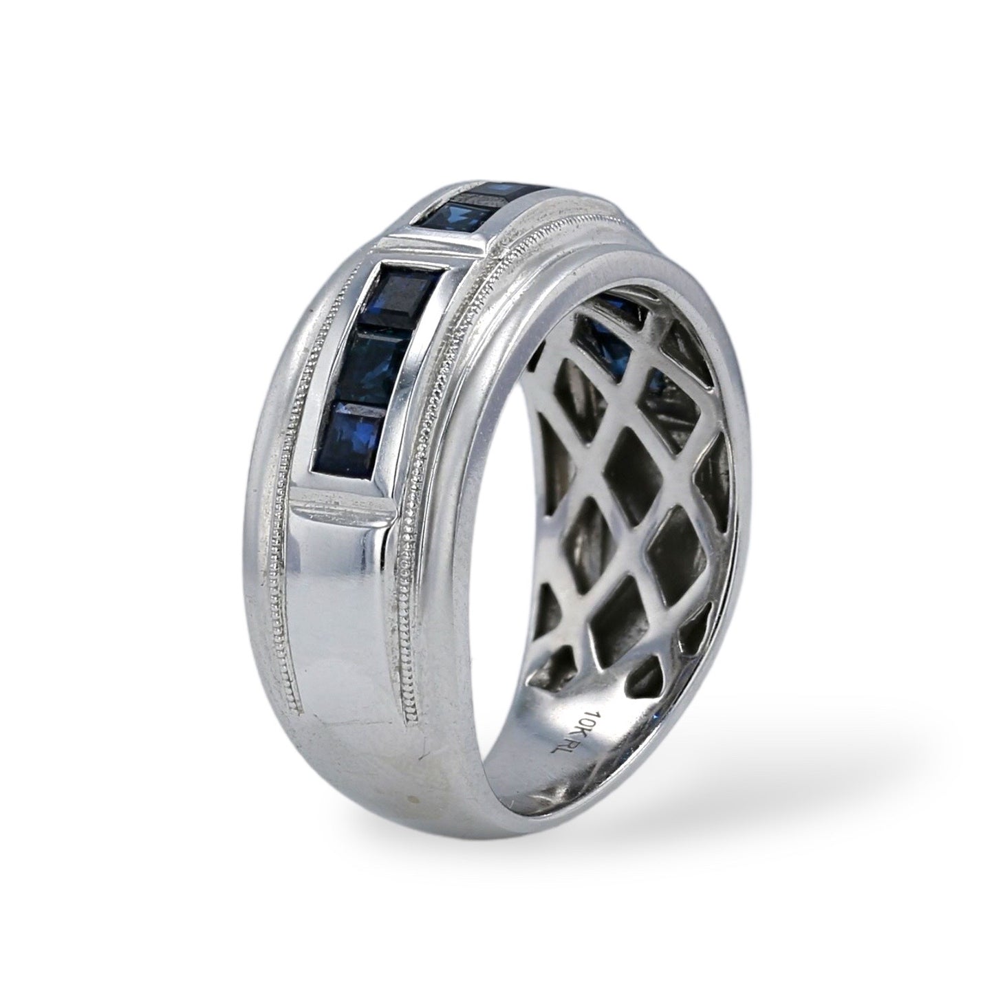 White 10k gold weeding band blue sapphire ring