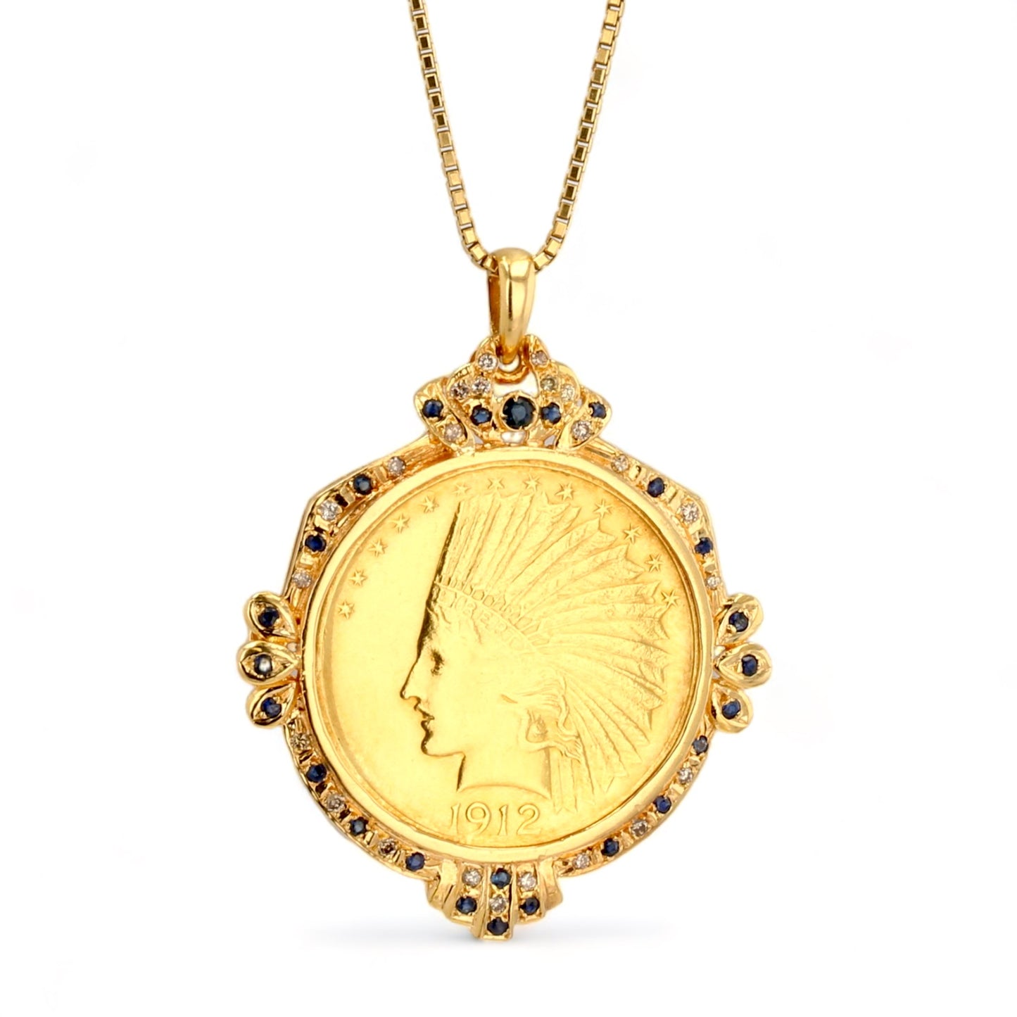 18K yellow gold bezel coin original 22k blue sapphire and diamond box solid chain 18k-18405