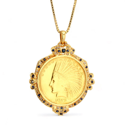 18K yellow gold bezel coin original 22k blue sapphire and diamond box solid chain 18k-18405