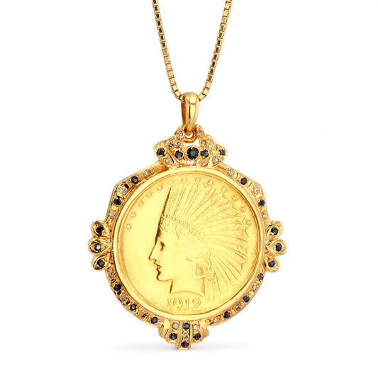 18K yellow gold bezel coin original 22k blue sapphire and diamond box solid chain 18k-18405