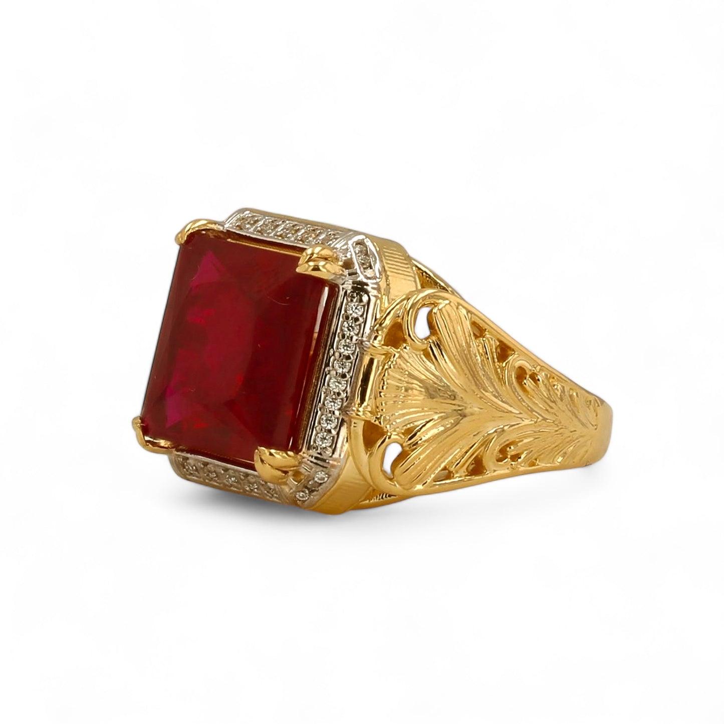 14K Yellow gold solid floral 13*13 Ruby ring-367528