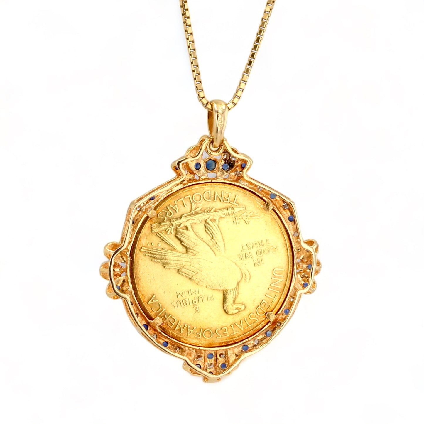 18K yellow gold bezel coin original 22k blue sapphire and diamond box solid chain 18k-18405