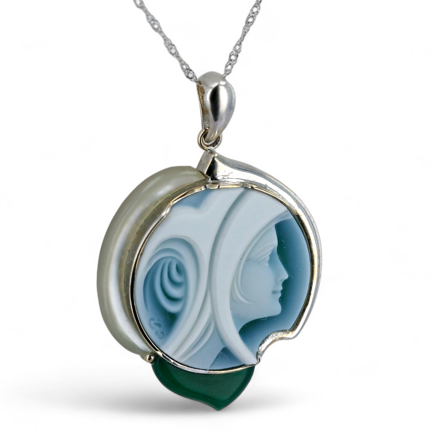 18k White gold Madona Cameo carving pendant necklace-18208