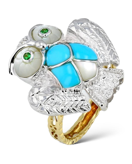 18K white gold turquoise with mother pearl and emerald luxury owl ring-30608