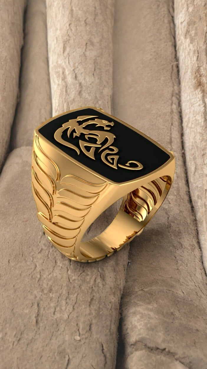 14K Yellow gold solid tribal dragon man ring black enamel-62838