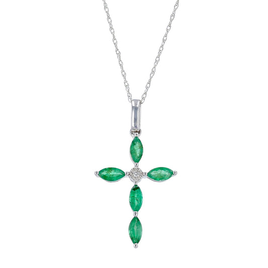 14K White Gold marquise cut emerald cross necklace-17838