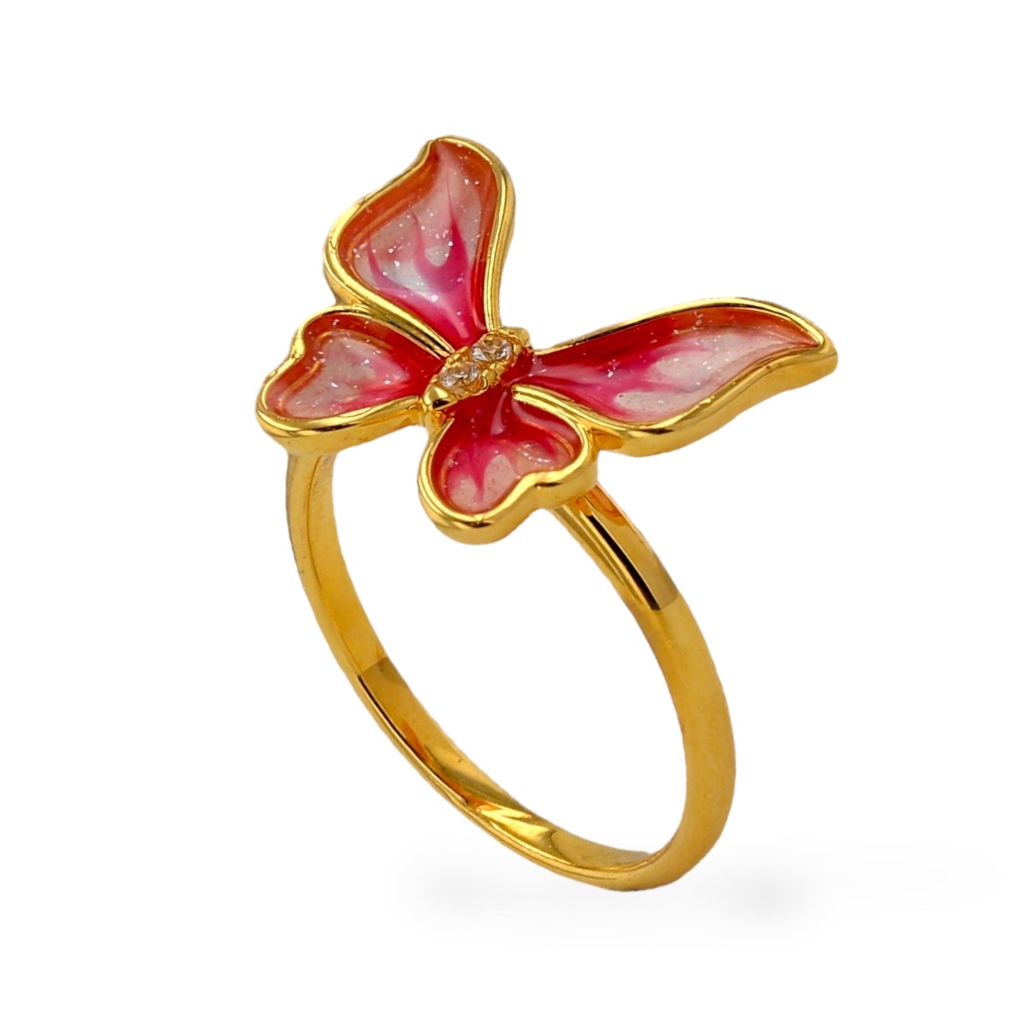 18K yellow gold pink butterfly enamel ring