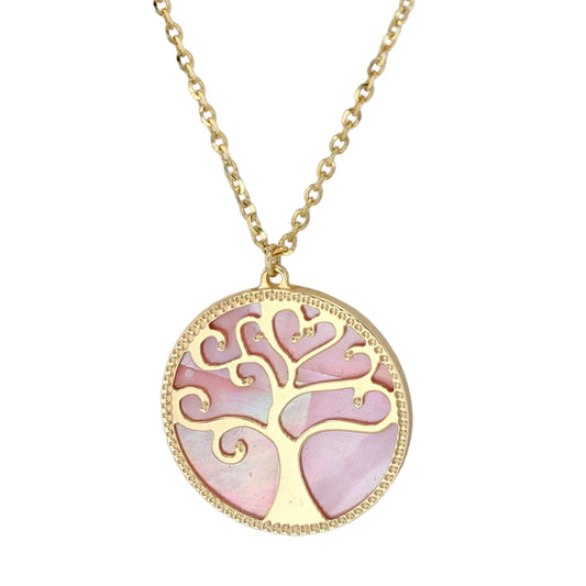 14K Yellow gold two sides mother pearl tree of life necklace-18079