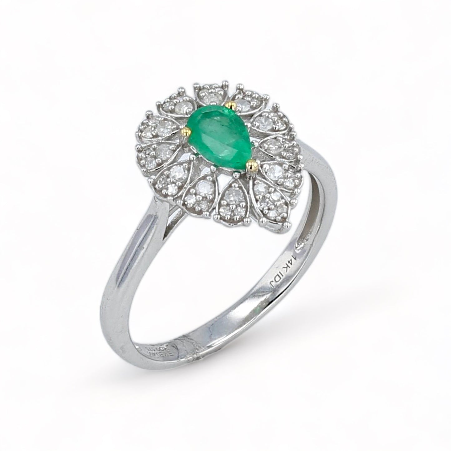 14k White gold drop emerald diamonds ring-28417