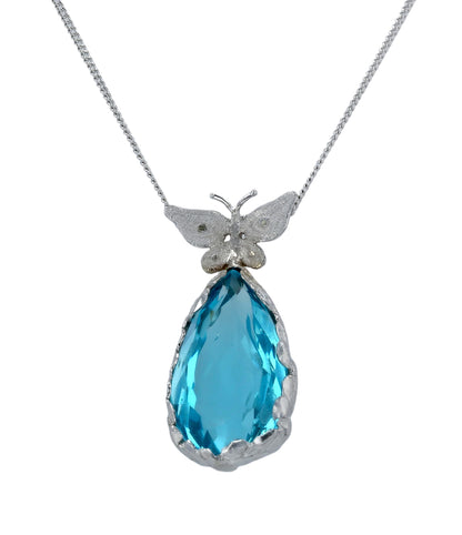 White 14K gold pear blue topaz Cz butterfly necklace