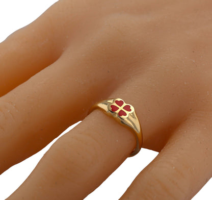 14K Yellow gold red enamel paint clover ring-225379