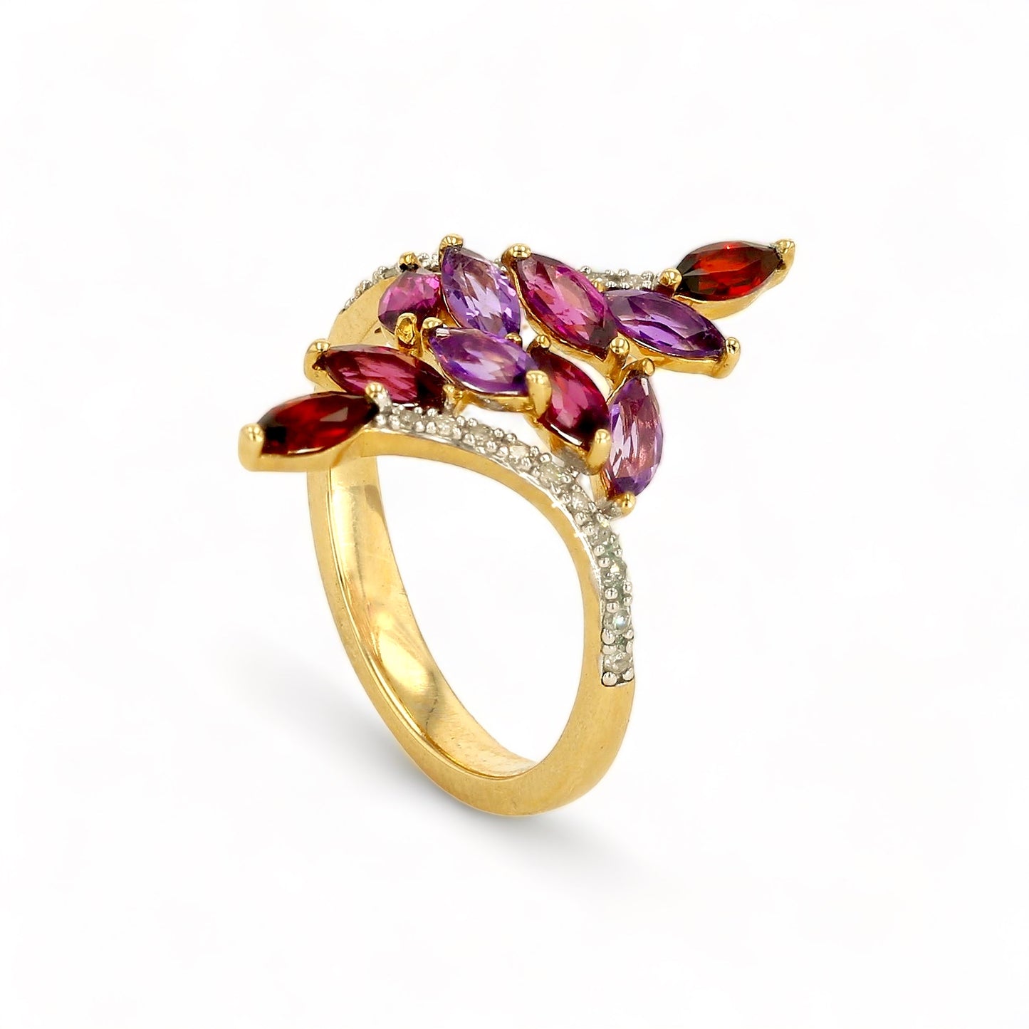 10k yellow gold cocktail color gems stone garnet amethyst and Rhodolite ring-18667