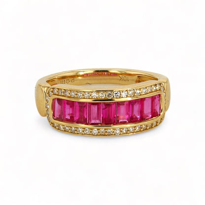 10k Yellow gold baguette ruby and diamonds ring-31758l
