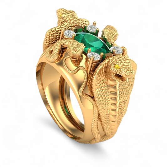 14K Yellow gold uraeus emerald and diamonds ring-373838