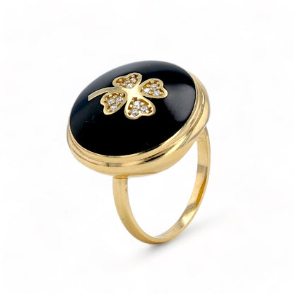 14K Yellow gold onyx clover round ring-222627