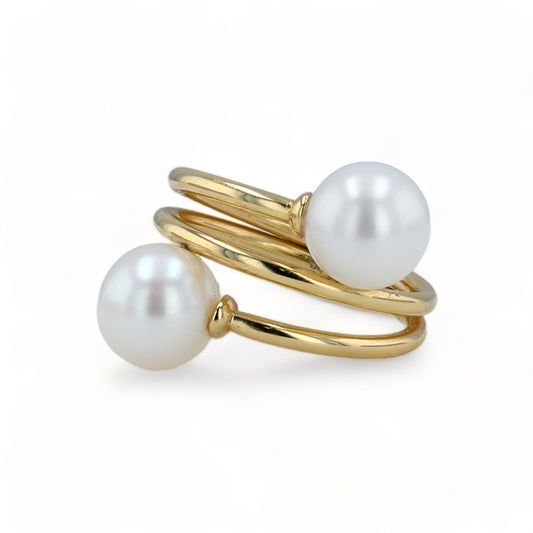 14K Yellow gold two pearls ring-210410