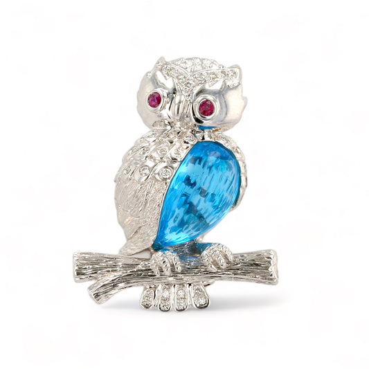 18k white gold vintage pendant-pin luxury owl blue topaz ruby-11215