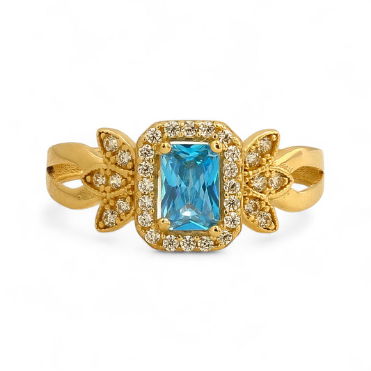 14K Yellow gold aquamarine Cz petal ring-528939