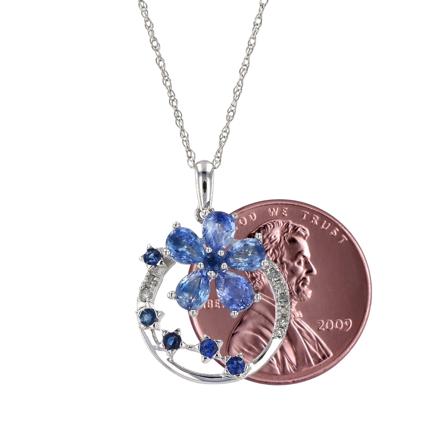 14k White gold clovers bule sapphire and diamonds necklace-17774