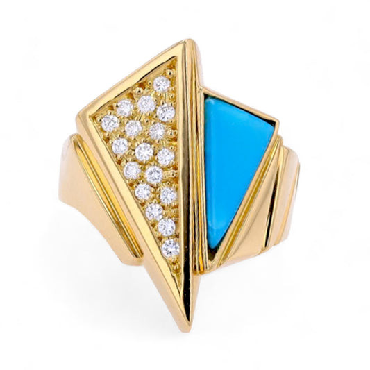 18K yellow gold  deco Turquoise and Diamond Ring-GMR-33296