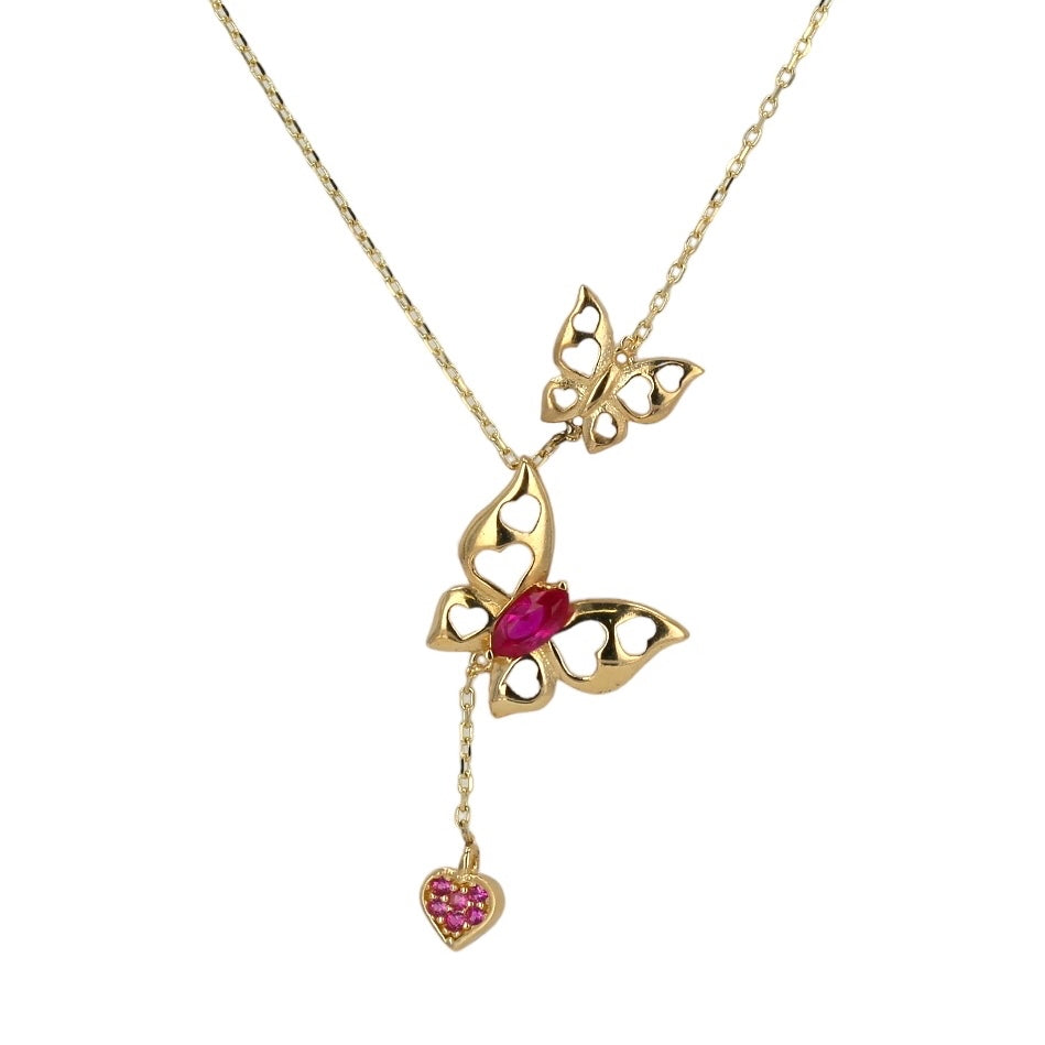 14K Yellow gold two red butterfly Necklace adjustable up 18