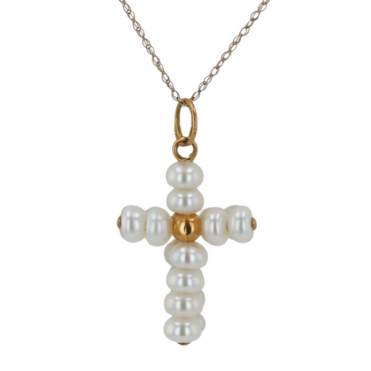 14K Yellow gold pearl cross necklace-62929