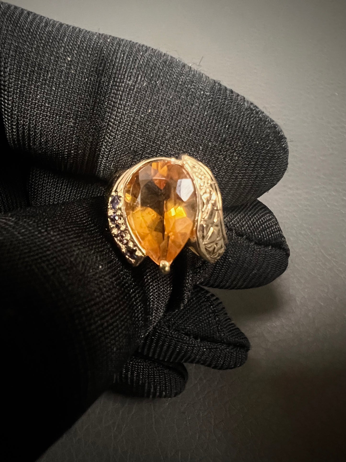 14K Yellow gold Pear Honey citrine with blue sapphire ring