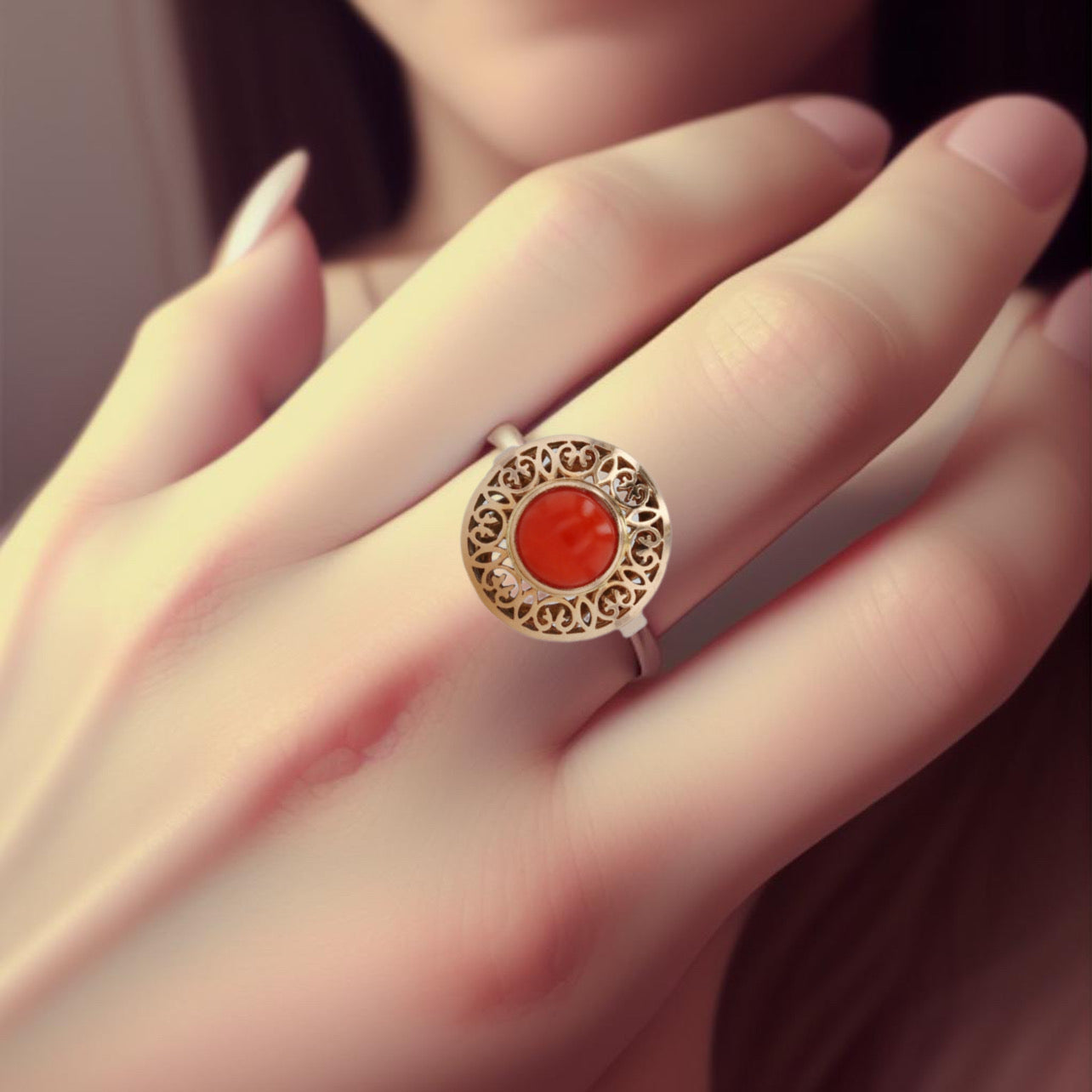 Yellow 14k red coral dome ring