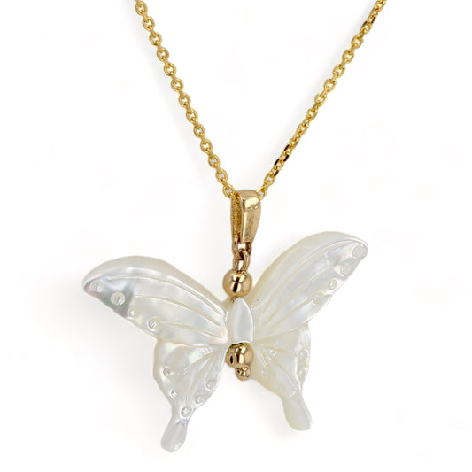 14K Yellow gold choker mother pearl carving butterfly pendant-25337