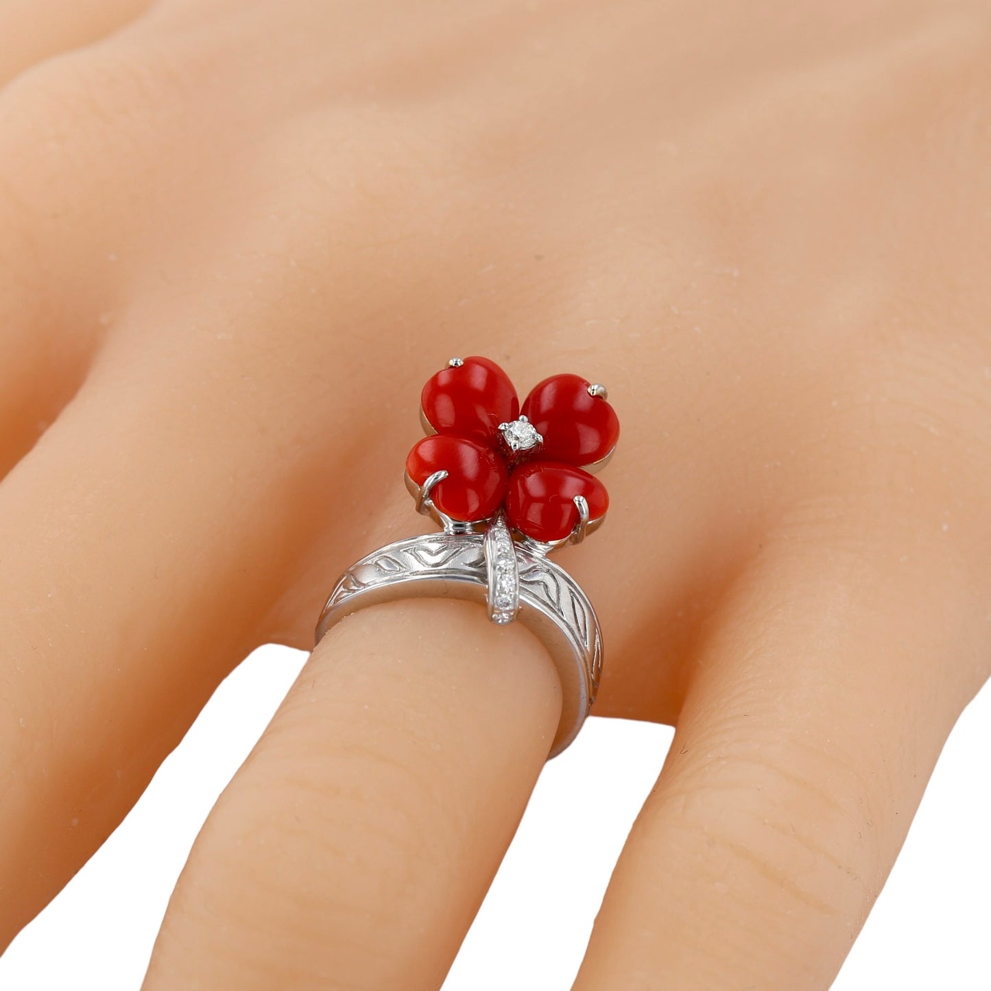 18K white gold handcrafted red natural coral and diamonds accent lucky ring