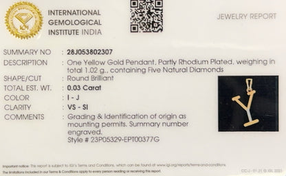 18K solid Yellow gold natural diamonds Y letter with IGI Certificate FREE chain