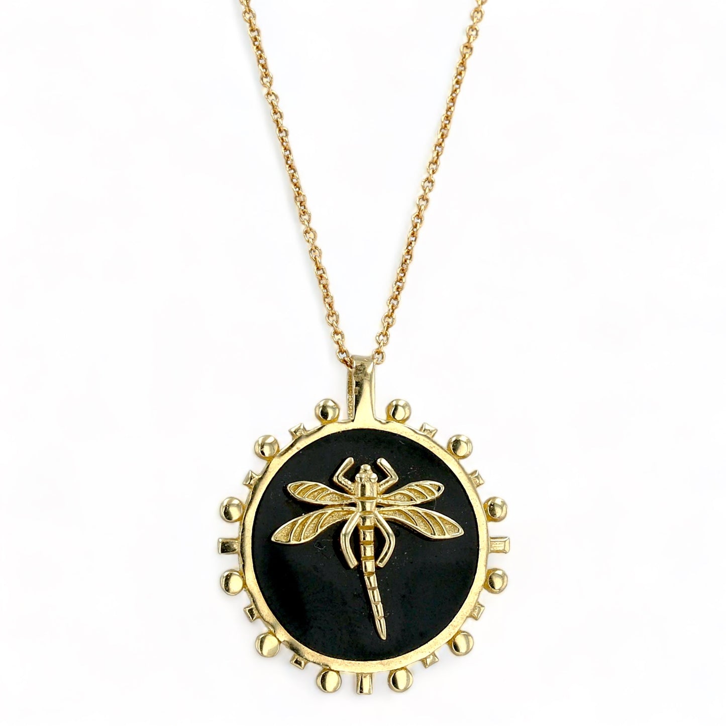 14K Yellow gold dragonfly onyx necklace-6790