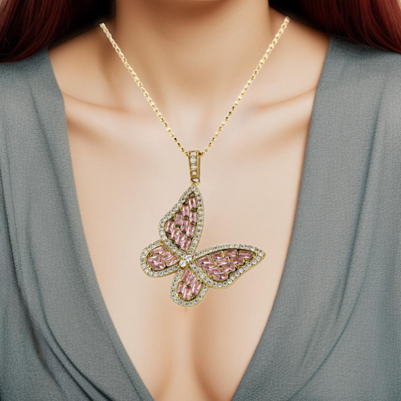 Set gold butterfly pink pendant